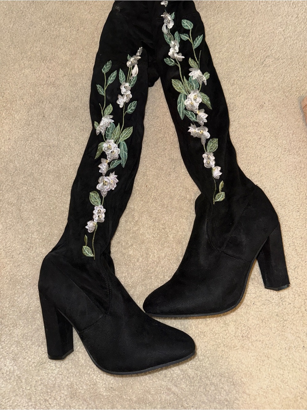 Black Embroidered Floral Over-the-Knee Heeled Boots - Women